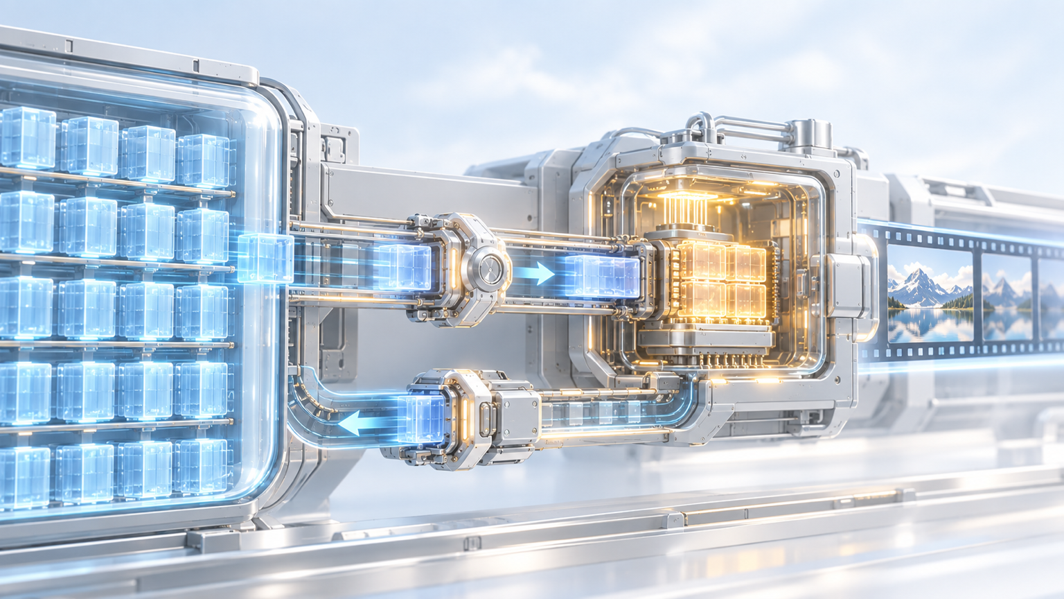 Active model blocks shuttle into a small VRAM chamber while inactive blocks wait in a larger system-memory reservoir.