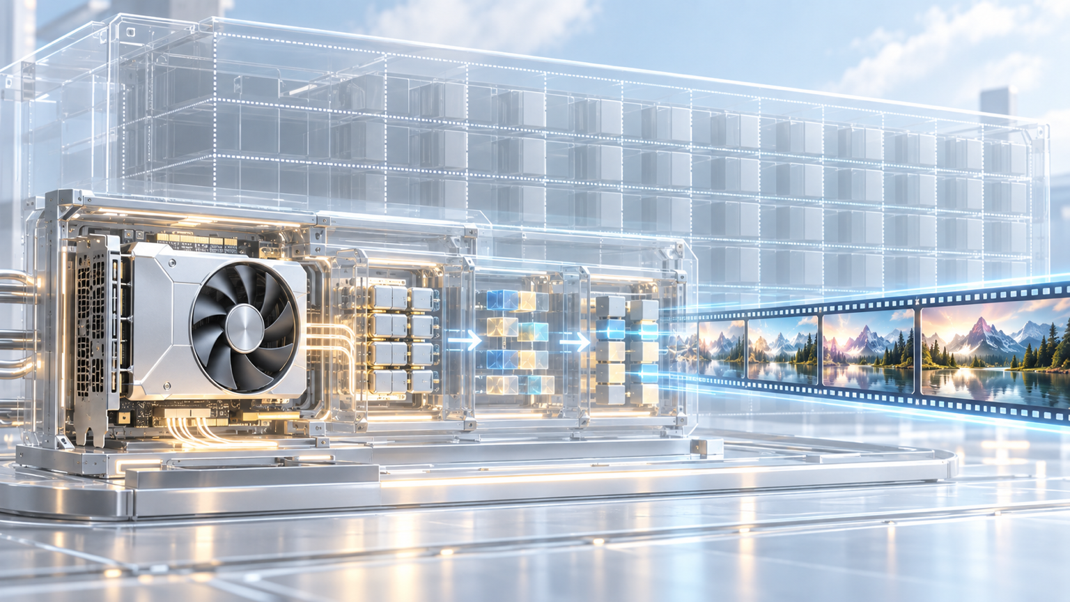 A compact consumer GPU produces a cinematic sequence through compression, staged offloading, small latent tiles, and sequential batches.