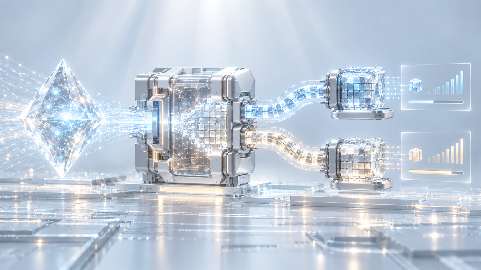 A dense checkpoint passes through two engineered compression paths with different activation-width and quality-capacity tradeoffs.