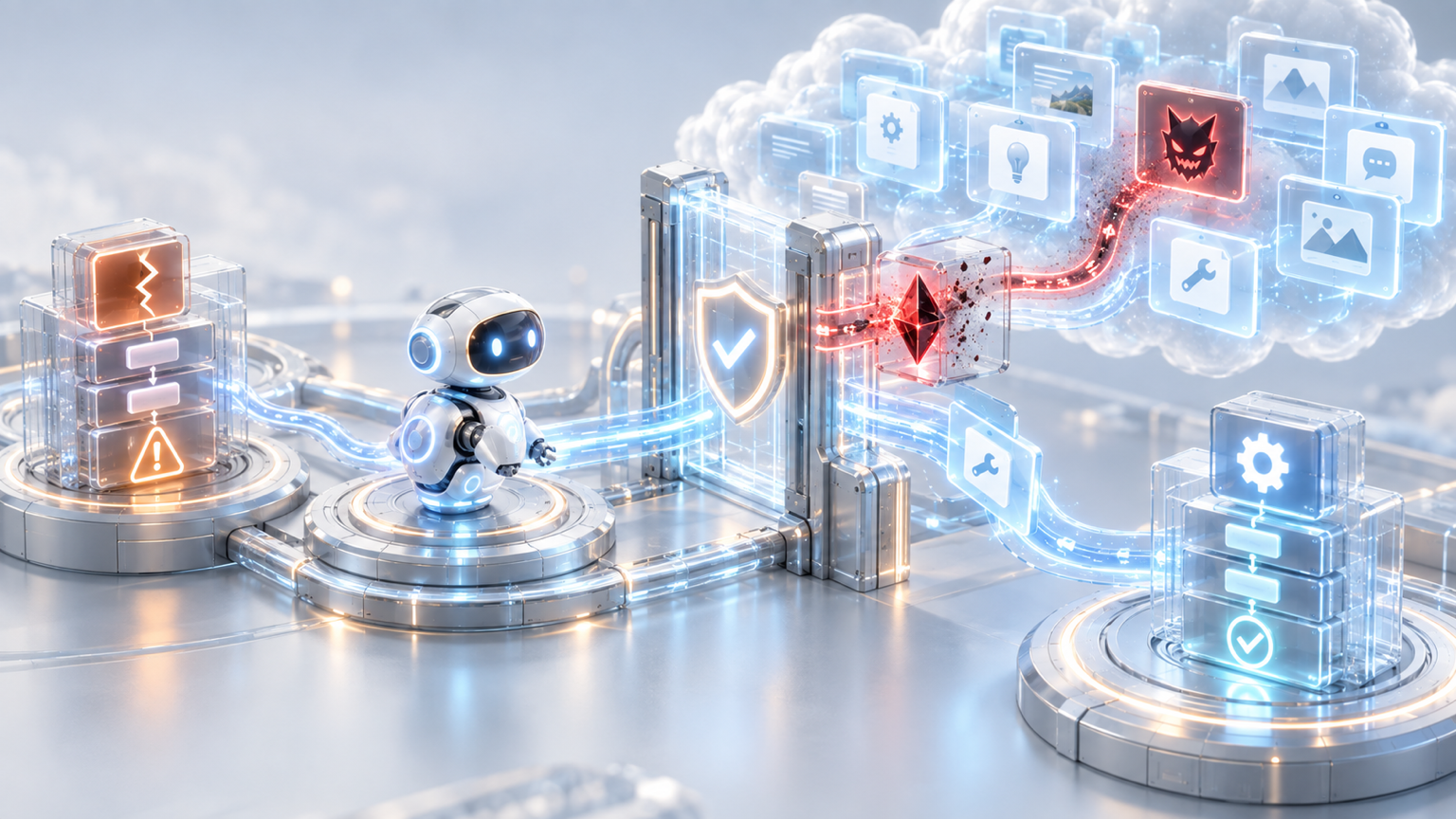 A trust-boundary gate blocks a malicious instruction hidden among useful internet guidance before it reaches a repair agent.